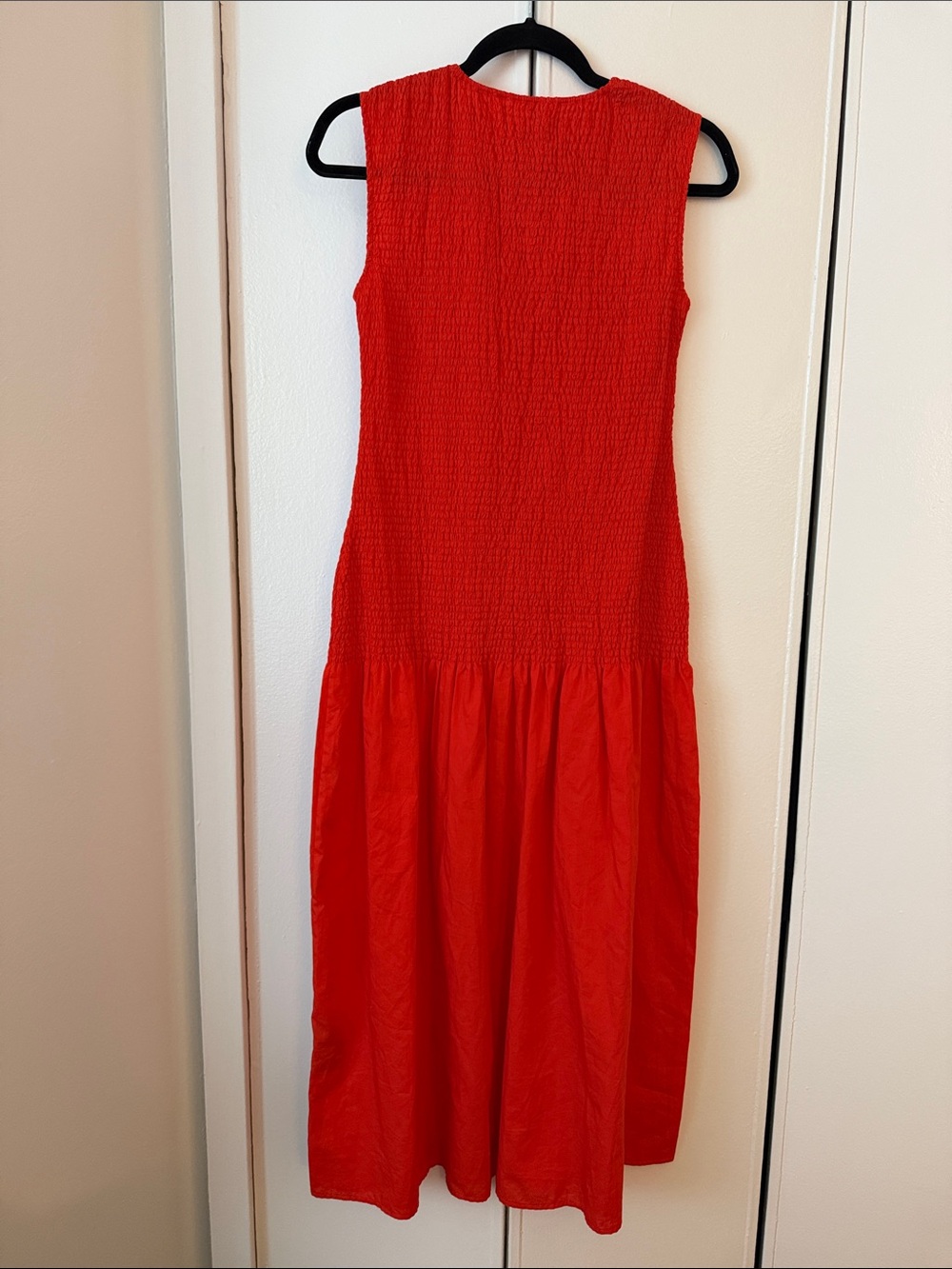 Reiss Annabel Smocked Drop Waist Cotton Bright Red Sleeveless Midi Dress - Picture 9 of 9